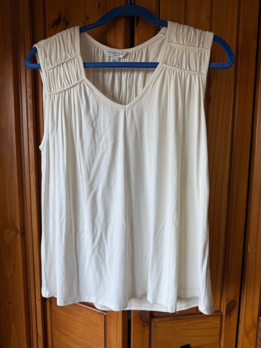 Liverpool Cream V-Neck Tank with Smocked Shoulders